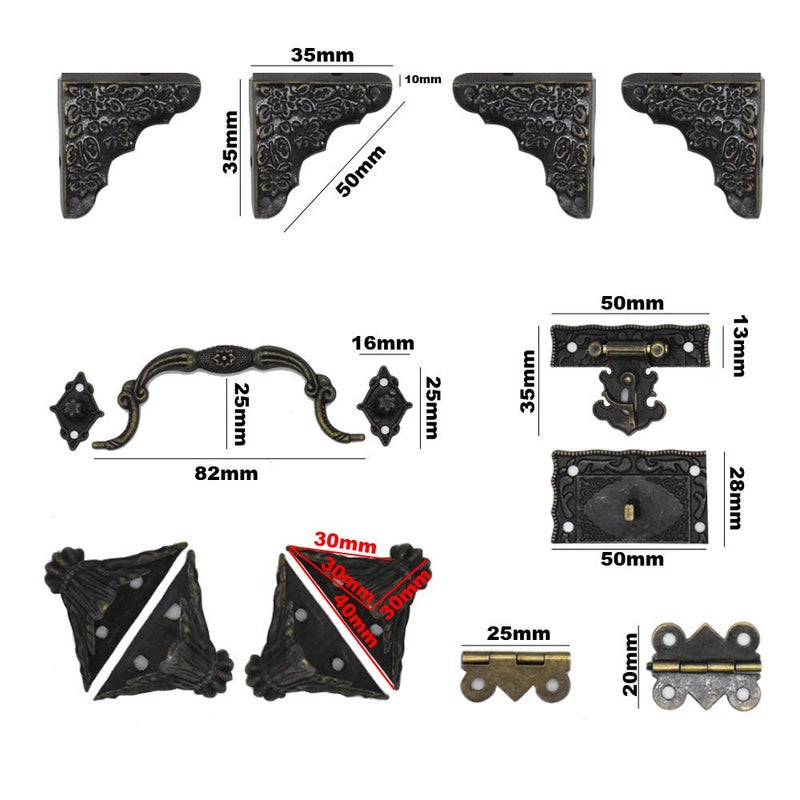 NIANNIAN Antique Jewelry Box Lock Latch Hasp Hinges Handle Corner Protectors Kit for DIY Bronze Tone 2 Sets 24Pcs - Image 2